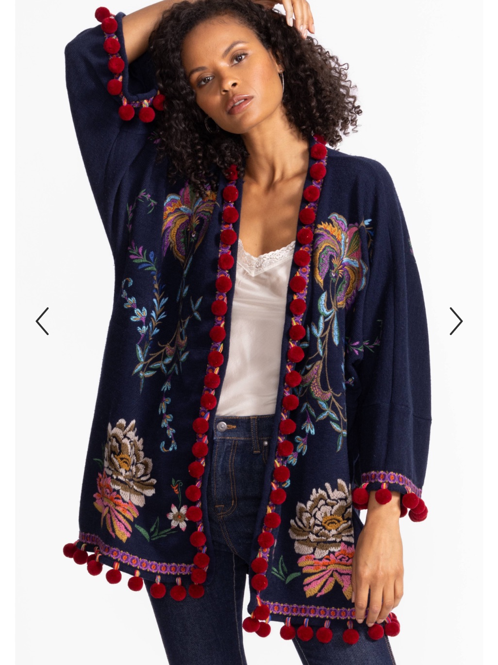 Johnny Was Biya Short Kimono With Pom-Pom Trim